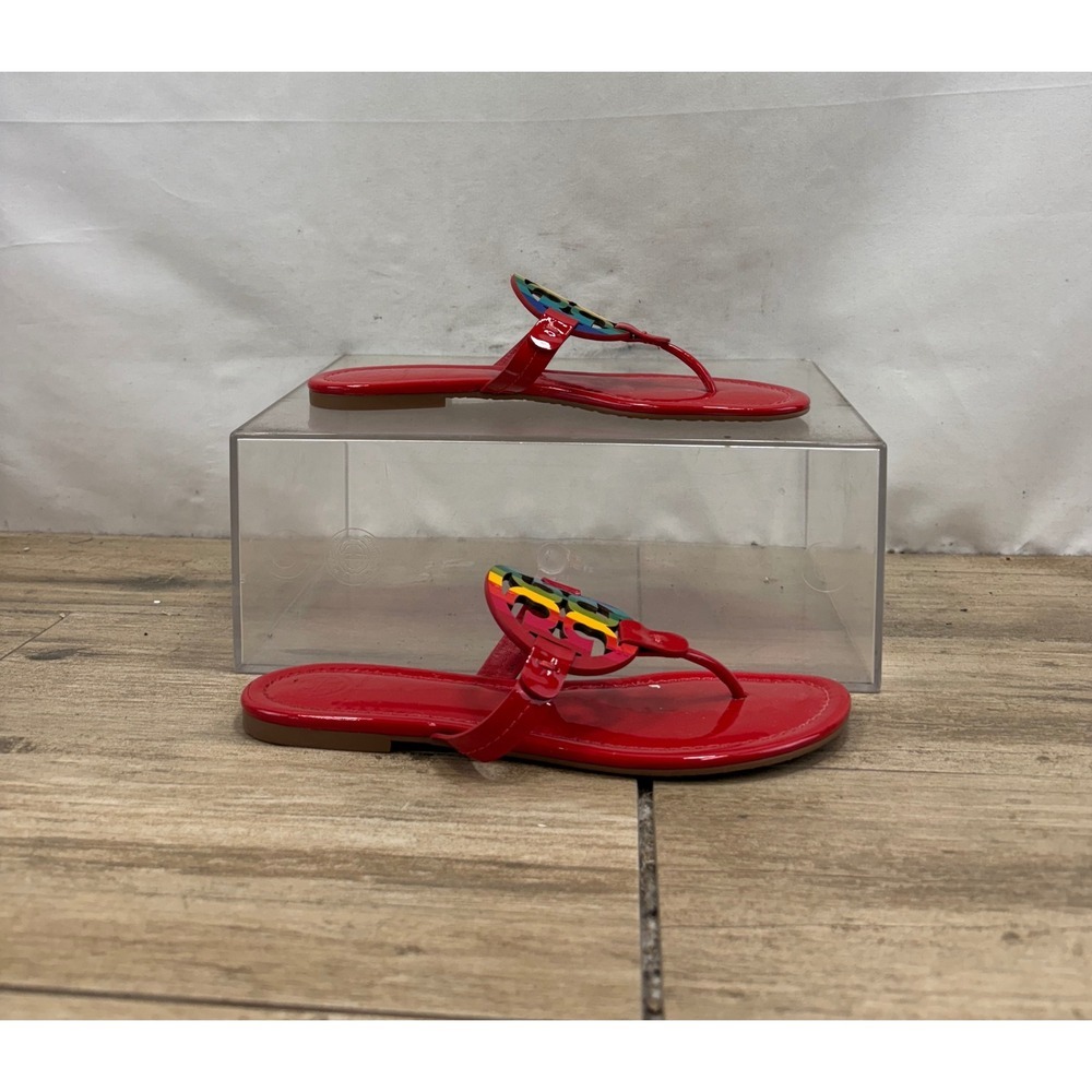 Tory Burch Miller Rainbow Logo Red Patent Leather Flip Flops Sandals - Picture 10 of 11